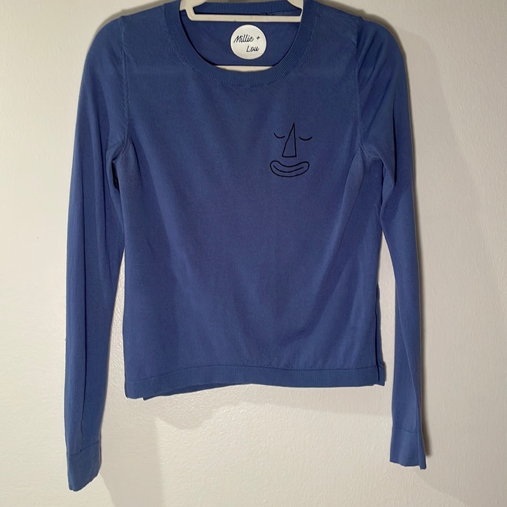 Millie and Lou Sky Blue Crewneck sweater with Sleeping Clown Graphic